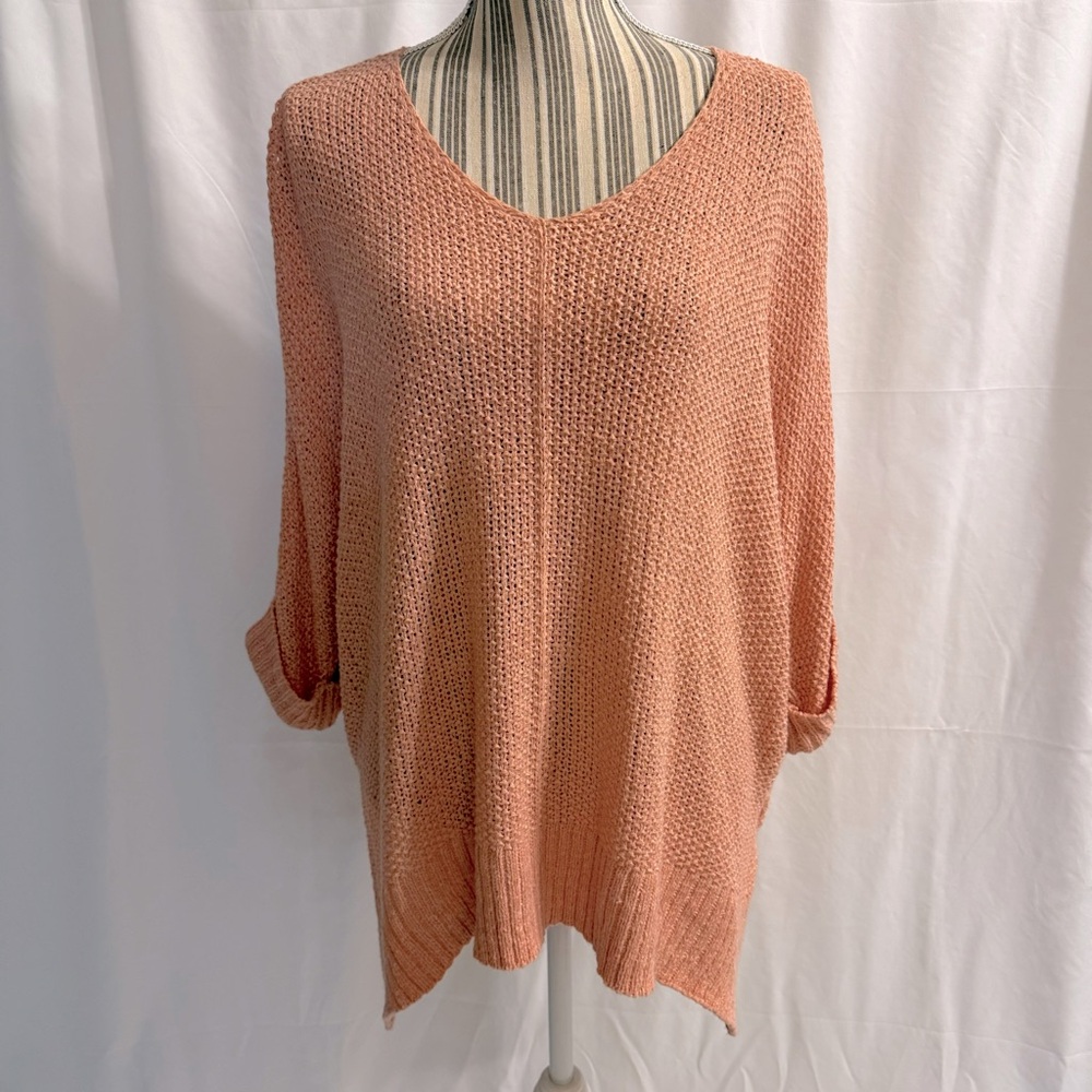 She + Sky Coral Overlay 3/4 sleeve top - Size OSFM